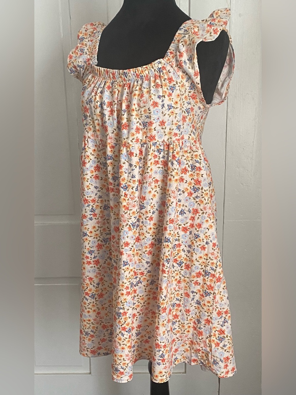 Floral Cottagecore Babydoll Sundress Flutter Sleeve Linen blend Mini Dress
